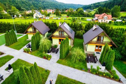 an aerial view of a village with houses and trees at Całoroczne Domki w Bieszczadach "The Willows" in Łączki