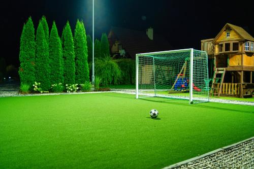 a soccer ball on a green field with a goal at Całoroczne Domki w Bieszczadach "The Willows" in Łączki