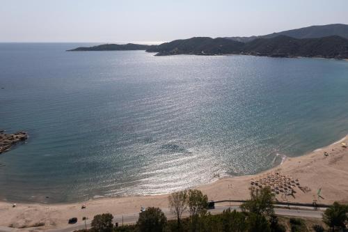 an aerial view of a beach and the ocean at Diva Lodge in Sikia