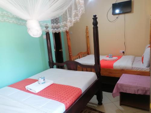 Pokój z dwoma łóżkami i telewizorem w obiekcie Milimani Greens Inn w mieście Kakamega