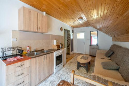 a kitchen and living room with a couch and a table at Domacinstvo na kraju svijeta in Šipovo