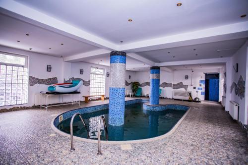a room with a swimming pool with two columns in it at Casa Octavian in Suceviţa