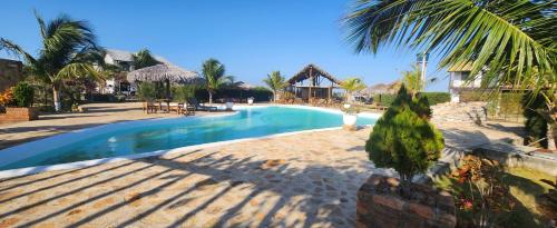 ein Pool in einem Resort mit einer Palme in der Unterkunft Chaleville Maramar 402 in Luis Correia