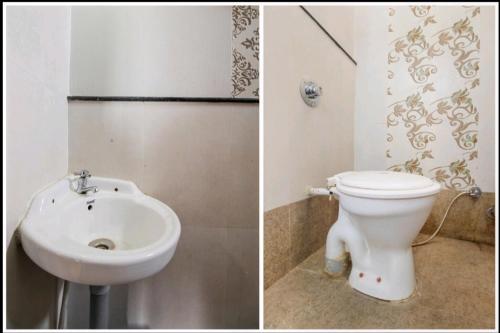 Duas fotografias de uma casa de banho com WC e lavatório. em New natraj em Chikalda