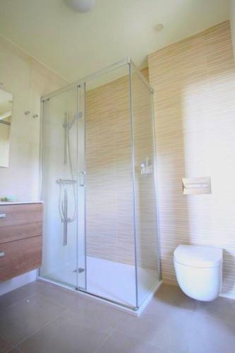 a bathroom with a glass shower and a toilet at Camino de Rosa's in Muros