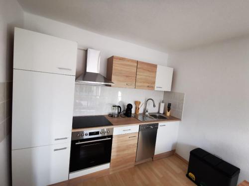 a kitchen with white cabinets and a stove top oven at Zentral und ruhig in Chemnitz in Chemnitz