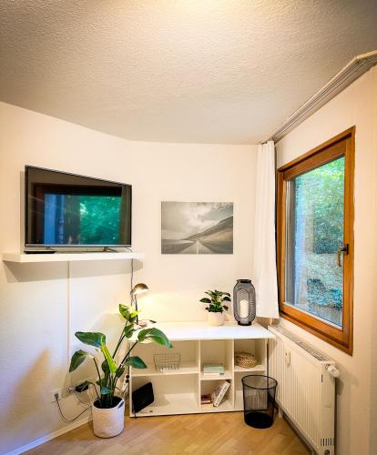 a living room with a tv on a wall at Schönes Apartment mit Terrasse in Würzburg