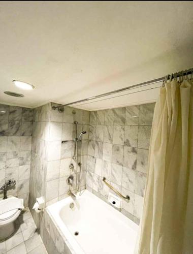 a bathroom with a tub and a toilet and a sink at Horison Ultima Bandung in Bandung