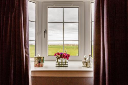 巴爾莫迪的住宿－公雞及公牛住宿加早餐旅館，白色窗台上装有鲜花的窗户