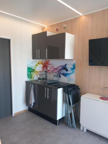 a room with a kitchen with a counter and a tv at Maison de jardin 4 personnes in Montpeyroux