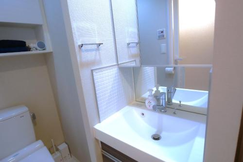 a bathroom with a sink and a mirror and a toilet at Shinjuku Ryokan Retreat丶Local Tokyo Experience & Short Trips Hub丶walk to Higahsi Shinjuku station YEoL in Tokyo