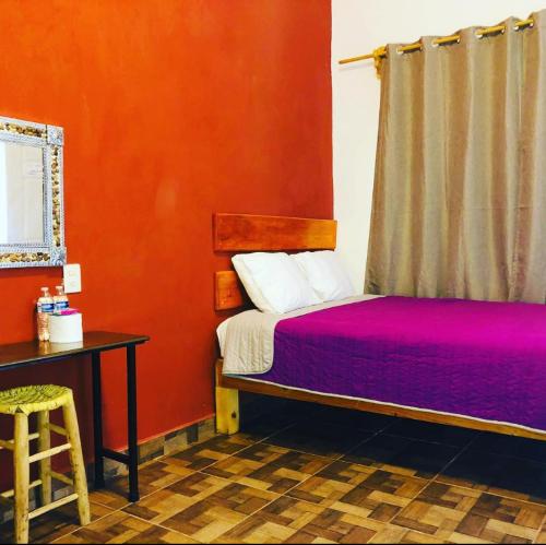 a bedroom with a bed and a table and a chair at Hotel Pedregal in Tamasopo