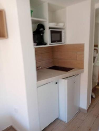 a small kitchen with a microwave on a counter at studette a la moutonne in La Crau