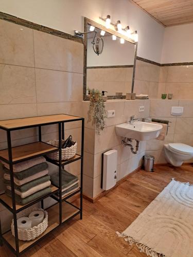 a bathroom with a sink and a mirror at Blick zum Brückentor in Traben-Trarbach