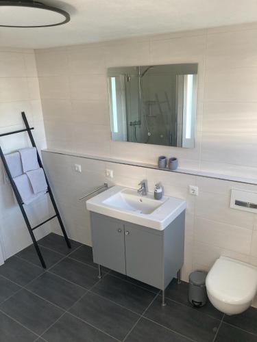 Ένα μπάνιο στο Ferienwohnung am Holzberg in Volkach mit Weitblick