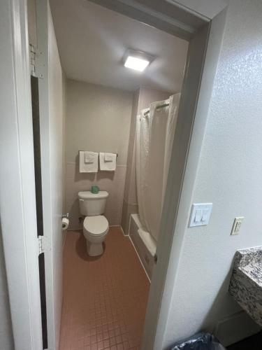 a small bathroom with a toilet and a shower at Royal Inn Motel in Fredericksburg