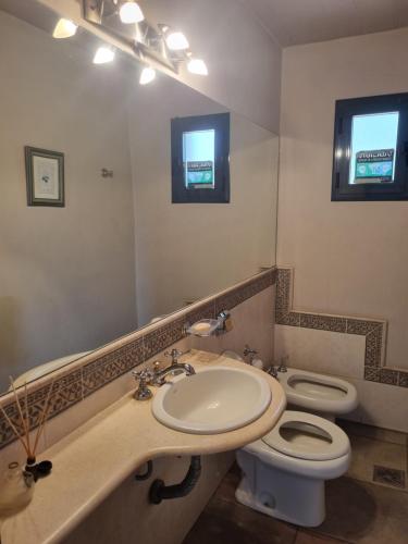 ein Badezimmer mit einem Waschbecken, einem WC und einem Spiegel in der Unterkunft casa del lago -villa carlos paz in Villa Carlos Paz