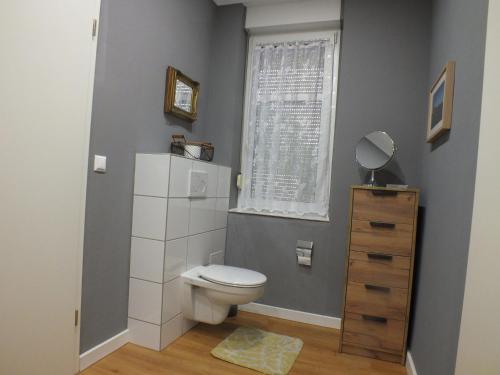 La salle de bains est pourvue de toilettes et d'une fenêtre. dans l'établissement Fewo Augusta, à Tangermünde