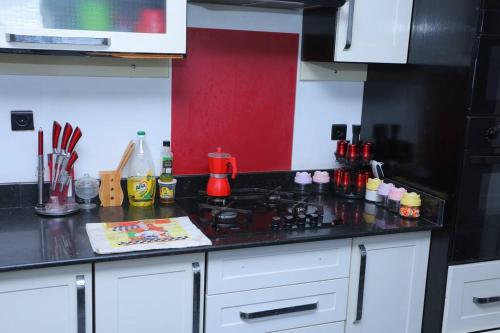 cocina con encimera y pared roja en Appartement meublé Oran en Orán