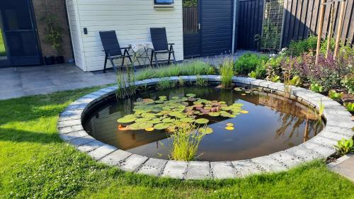 a pond with lily pads in a yard at Studio ZEEUWS KNOOPJE in Burgh Haamstede