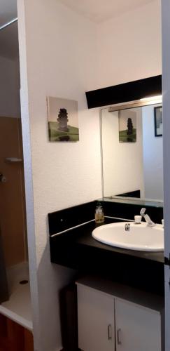 La salle de bains est pourvue d'un lavabo blanc et d'un miroir. dans l'établissement richelieu 4 CAP AGDE, au Cap d'Agde