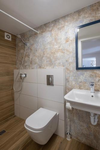 a bathroom with a toilet and a sink at 4 Pory Roku Apartamenty Domki Pokoje in Nadole
