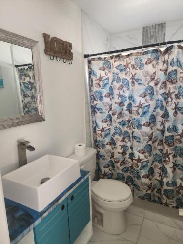 La salle de bains est pourvue d'un lavabo, de toilettes et d'un rideau de douche. dans l'établissement Diamond 2, à Tampa