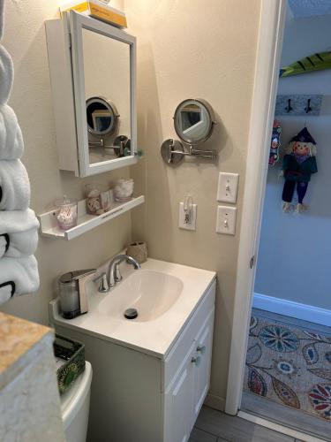 a bathroom with a sink and a mirror at OB Oceanfront Studio - closest to the beach in Ormond Beach