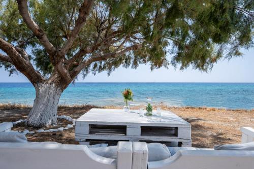 a picnic table under a tree on the beach at Mammis Beach Hotel in Kardamaina