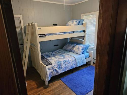 a bedroom with two bunk beds and a blue rug at Indian Lake House in Worcester