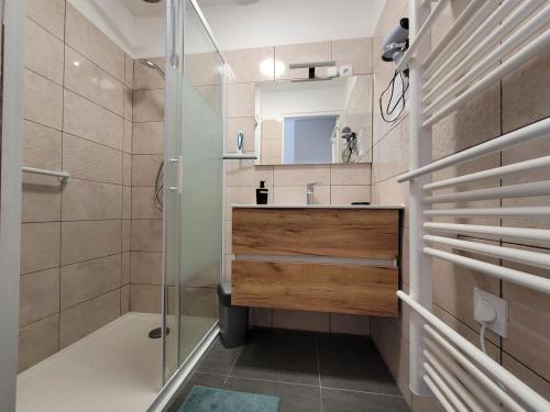 een badkamer met een douche, een wastafel en een spiegel bij Appartement Salbris- Parking Gratuit in Salbris