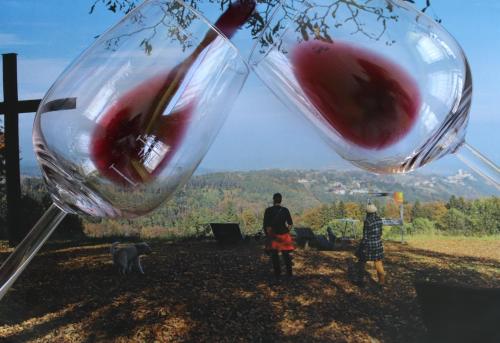 two people and a dog looking at two wine glasses at Appartement ROSalia in Forchtenstein