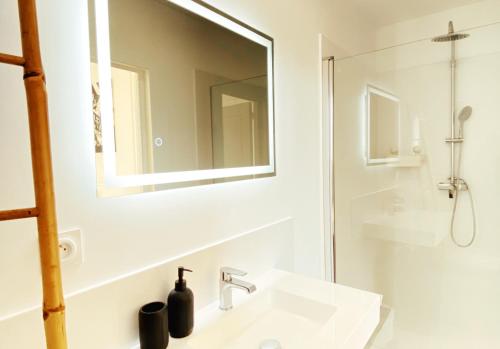 ein weißes Badezimmer mit einem Waschbecken und einem Spiegel in der Unterkunft Le Haussmann ⸱ Stationnement gratuit ⸱ Fibre in Déols