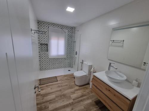 Villa La Escollera Ronda في أرياتي: حمام مع حوض ومرحاض ومرآة