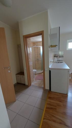 an empty kitchen with a sink and a bathroom at Villa Dunja in Kragujevac