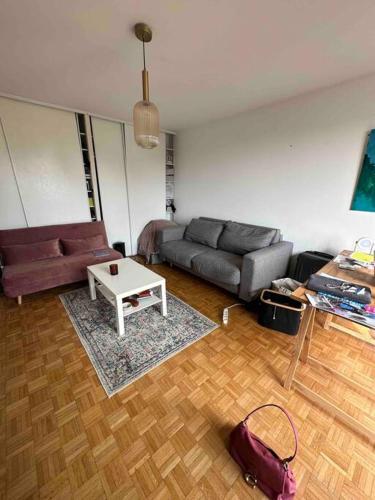 een woonkamer met een bank en een tafel bij Superbe appartement proche Paris 30 min RER in Saint-Maur-des-Fossés