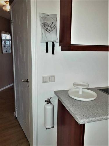 a kitchen with a counter top and a white sink at Greenhouse Golden Circle Villa in Reykholt