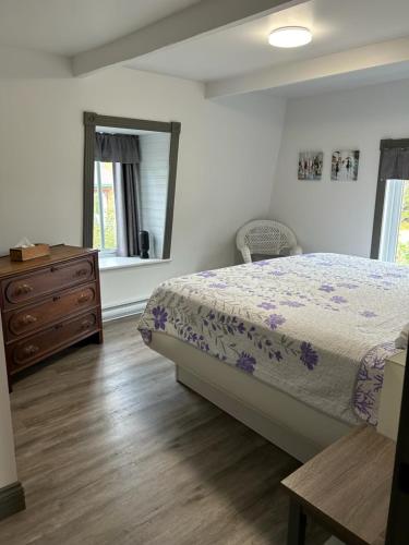a bedroom with a bed and a dresser and a window at Petite Plaisance Appartements in La Malbaie
