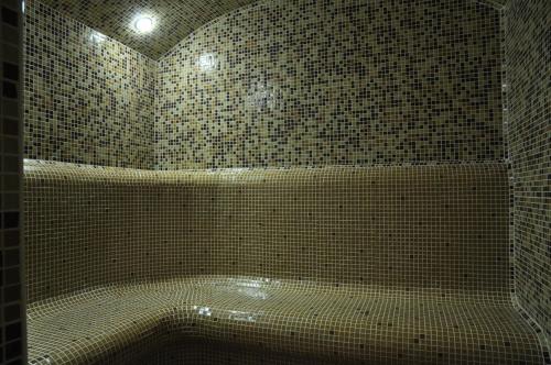 a tiled shower with a tub in a bathroom at SPA Hotel Medicus in Varshets