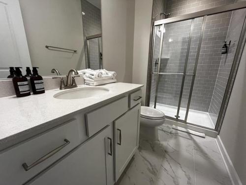 a bathroom with a toilet and a sink and a shower at Luxury in Fredericksburg in Fredericksburg