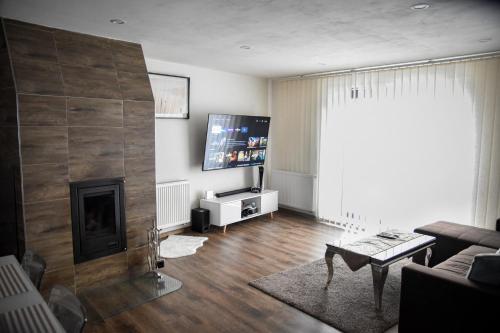 een woonkamer met een open haard en een televisie bij Apartmán Boženy Němcové in Polná