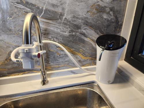 a kitchen sink with a faucet and a cup at Executive Premium Urban Suites - Jelutong in Jelutong