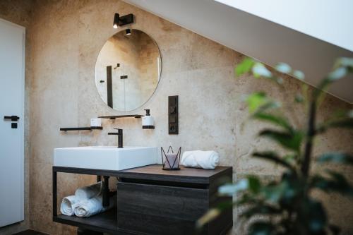 a bathroom with a sink and a mirror at Galerie mlýn Žeraviny in Žeraviny