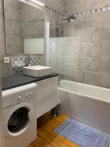 een badkamer met een wasmachine en een wastafel bij T2 PARFAITEMENT SITUÉ AU PIED DE LA CATHÉDRALE in Périgueux