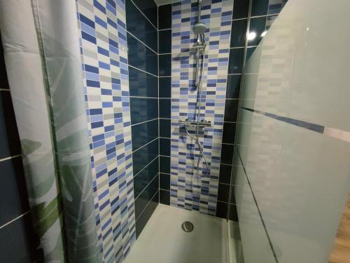 y baño con ducha y azulejos azules y blancos. en Le FAYA, en Pouzauges