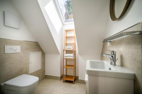 a bathroom with a sink and a toilet and a window at Traumhaus Auri in Prerow/Ostsee auf dem Darß in Prerow