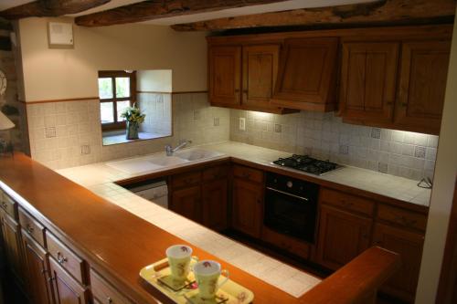 une cuisine avec des armoires en bois et un évier dans l'établissement La Bergerie, à Beaulieu-sur-Dordogne