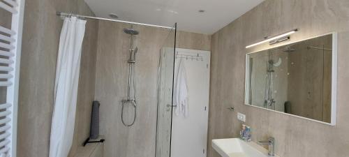 ein Bad mit einer Dusche und einem Waschbecken in der Unterkunft Apartman Figaro sa dva kupatila uz more i plažu s pogledom na Split in Kaštela