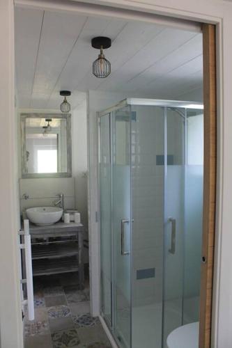 une salle de bain avec une douche en verre et un lavabo dans l'établissement Logement rénové proche forêt, à Baud