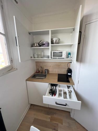 une petite cuisine avec un comptoir et un évier dans l'établissement Magnifique appartement plein centre de Lyon beaux quartiers, à Lyon